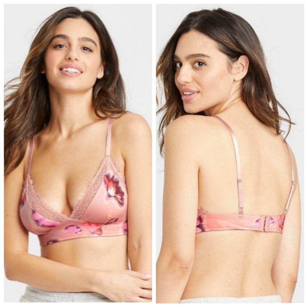 Auden Pink Satin Floral Lace Unlined Bralette Large NEW